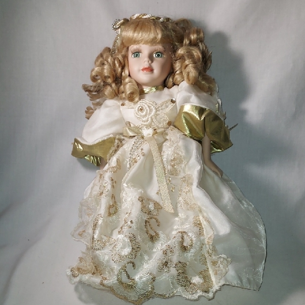 Vintage Porcelain Doll Blond Ringlets Angel Feather Wings White Gold Lace Dress